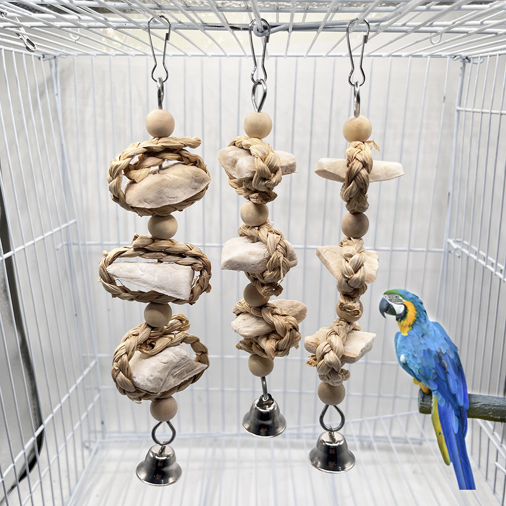 Juguete masticable de cáscara de maíz y hueso de calamar para cacatúas, periquitos y agapornis, suplemento de calcio, juguete para moler el pico de las aves, juguete para aliviar el aburrimiento.