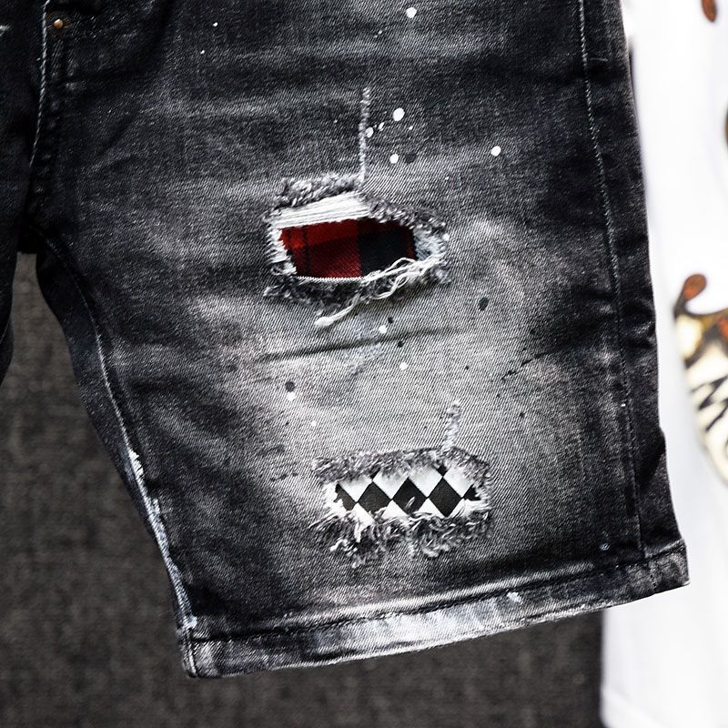 Men's Slim Fit Denim Shorts Trendy Stylish Spray Paint Ripped Patched Black Stretch Summer Five Point Pant_mkmklike.com