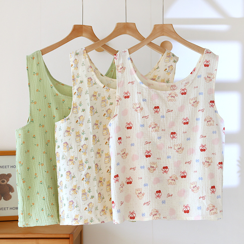 Home small vest ladies summer cotton seersucker pajamas unrestrained loose and comfortable home clothing source factory