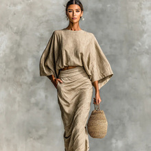 2025欧美气质女装秋季新款高腰半身长裙套装圆领长袖宽松上衣通勤