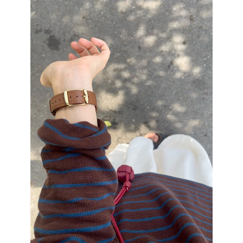 商场撤回～尾货清仓咖蓝撞色条纹长袖T恤女秋季慵懒宽松打底衫ins