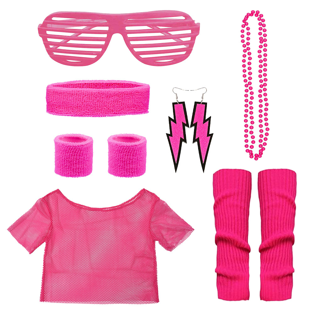 Traje de la década de 1980 fiesta de baile hebilla en la cabeza gafas cadena de cuentas rodilleras falda aretes traje de los 80