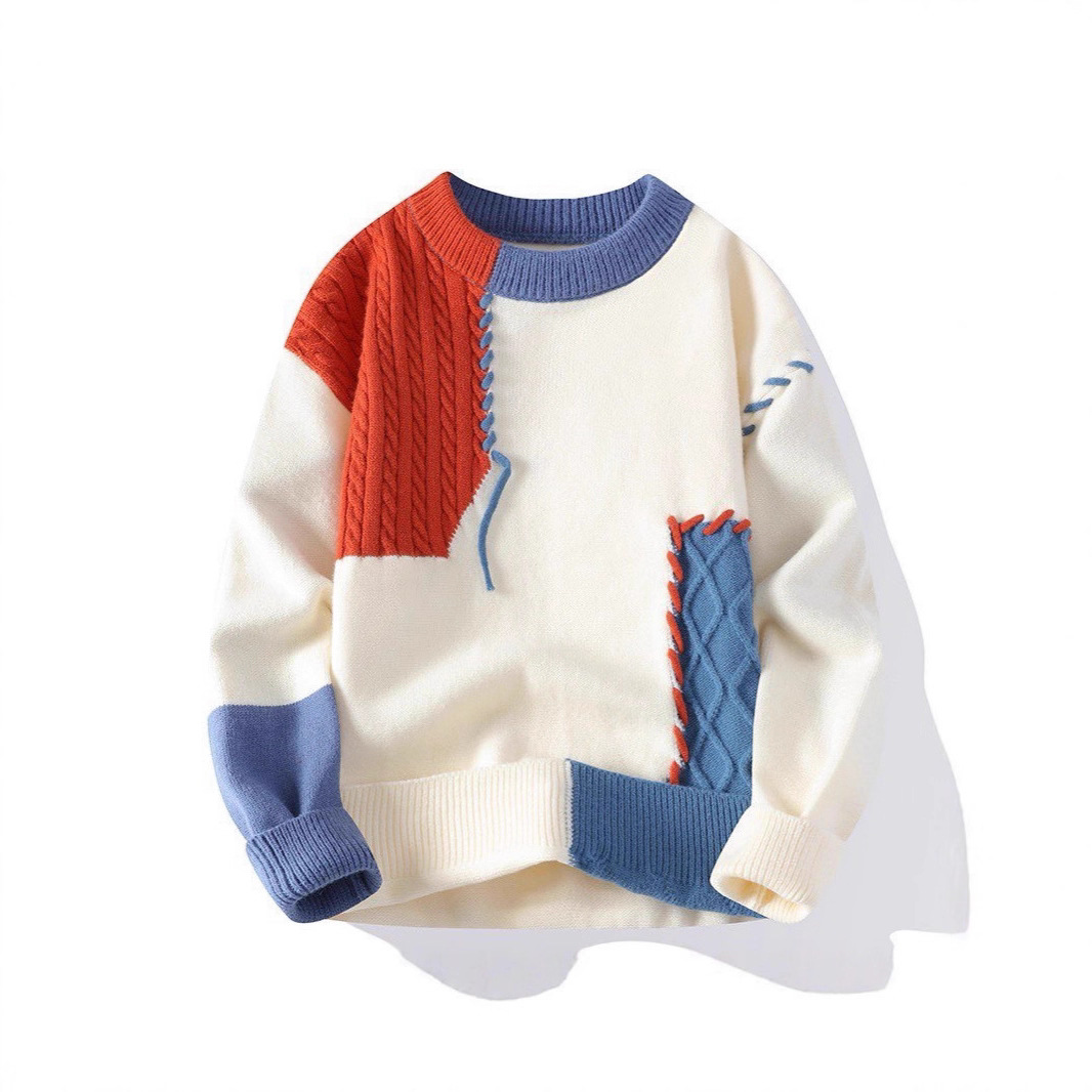 Cross-Border Amazon 2025 New Winter Men's Round Neck Loose Contrasting Color Pullover Fashion Casual Sweater Knitwear