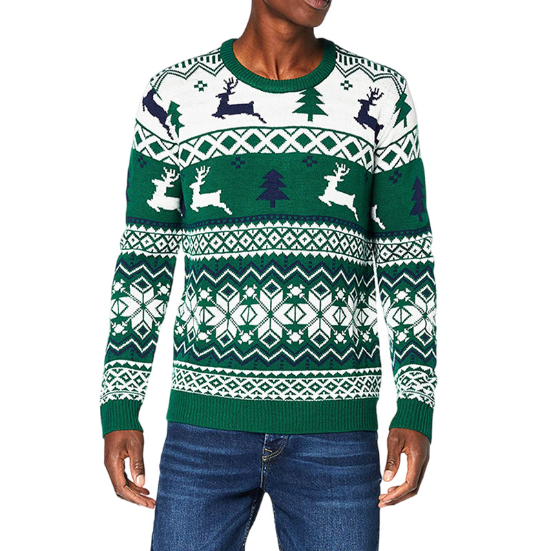 Suéter de punto americano retro personalizado ambiente navideño logo envolvente cuello redondo suéter de punto a rayas geométricas