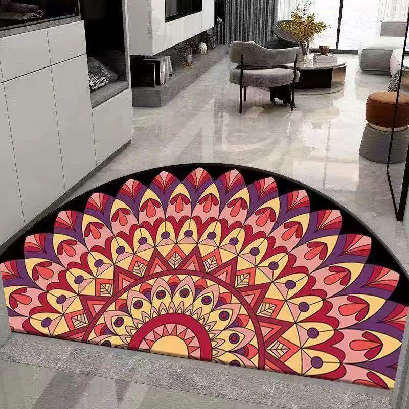 Alfombra de entrada, alfombra de terciopelo cristalino, alfombra semicircular de estilo bohemio absorbente de agua y resistente al desgaste, alfombra para la entrada del hogar.