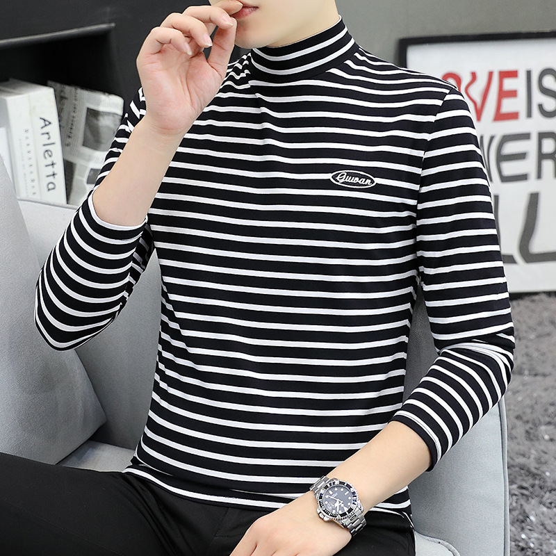 2024 새로운 하이 칼라 흑백 줄무늬 캐주얼 티셔츠 가을과 겨울 중반 칼라 긴 소매 티셔츠 남성 유행 패션 내복 가을 옷