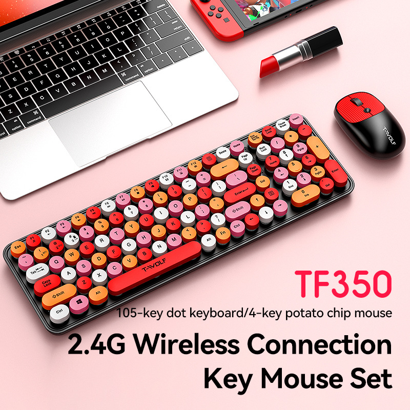 New Wireless Keyboard and Mouse Set TF350 Cross-border Office Girl Punk Lipstick Retro Cute Keyboard and Mouse