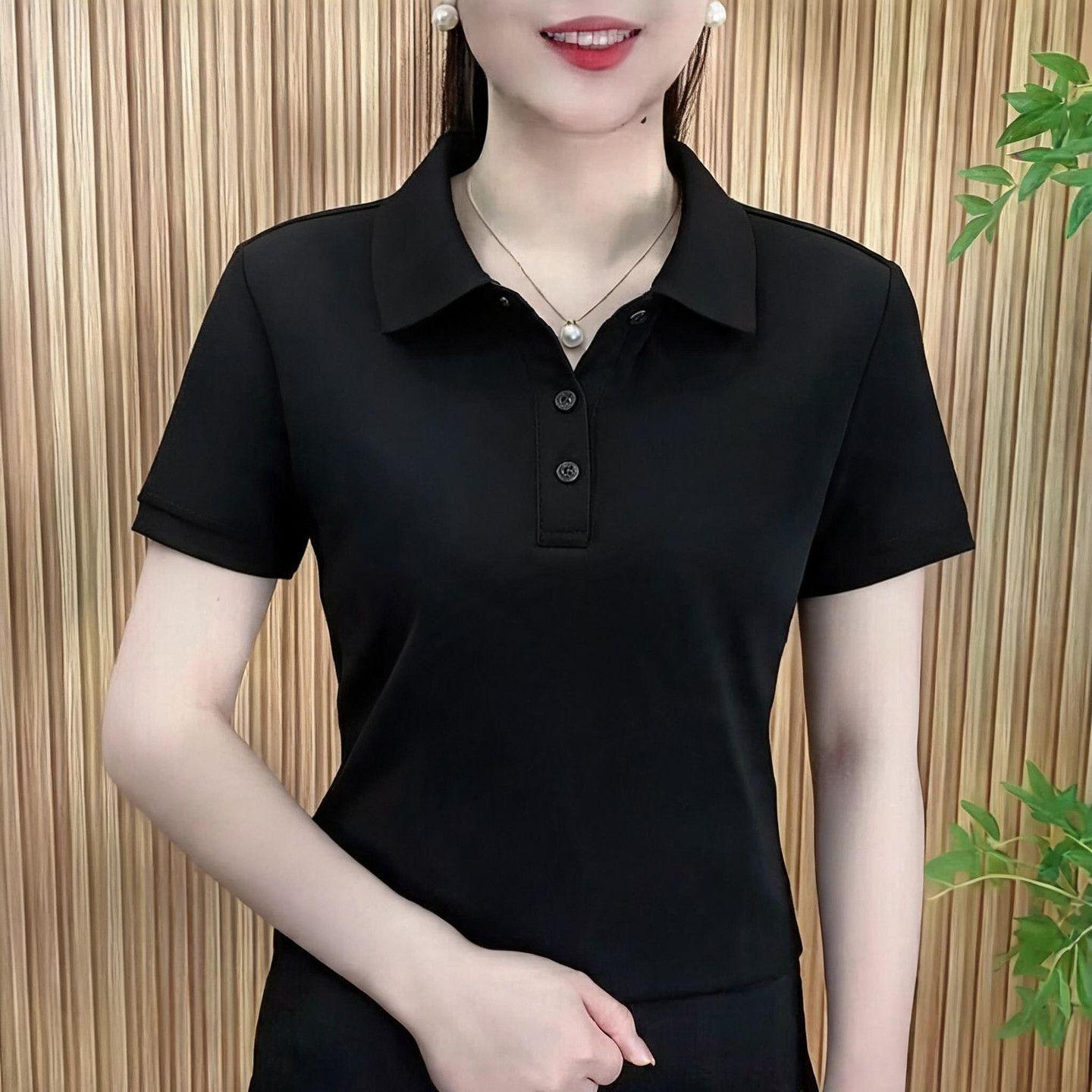 Stylish and chic polo collar top with button design, versatile and slimming, flattering and youthful.