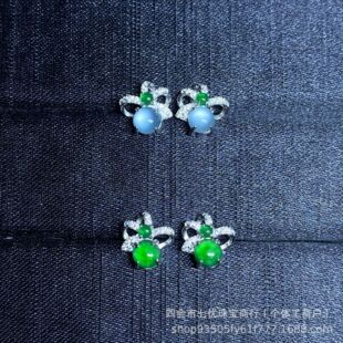 High-Grade Ice-Type Natural Jadeite Raw Material, Sterling Silver Inlaid with Exquisite Jade Egg Surface, Four-Leaf Clover Earrings, Full Green Earrings