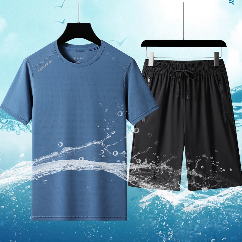 Jefe deportivo de seda de hielo de tamaño extra hombre de verano suelto respirado pantalones cortos de mangas cortas casuales delgados set de secado rápido de dos piezas