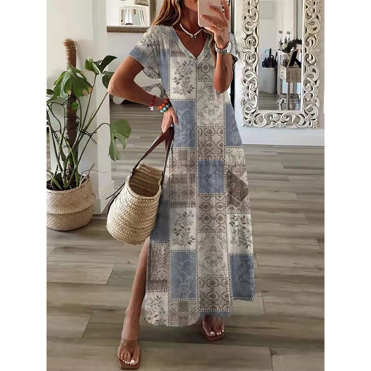 Women's Straight Skirt Casual V Neck Printing Short Sleeve Flower Maxi Long Dress Daily display picture 4
