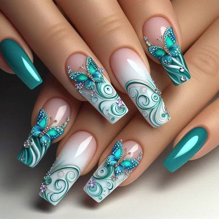 Vortex Peacock Blue Gradient Long Nail Art with Niche Design, Unique Style with 3D Rhinestone Embellishments, Blue and White Flow Pattern Nail Art, Niche Design Vortex Peacock Blue Gradient Long Nail Art with Niche Design, Unique Style with 3D Rhinestone Embellishments, Blue and White Flow Pattern Nail Art, Niche Design