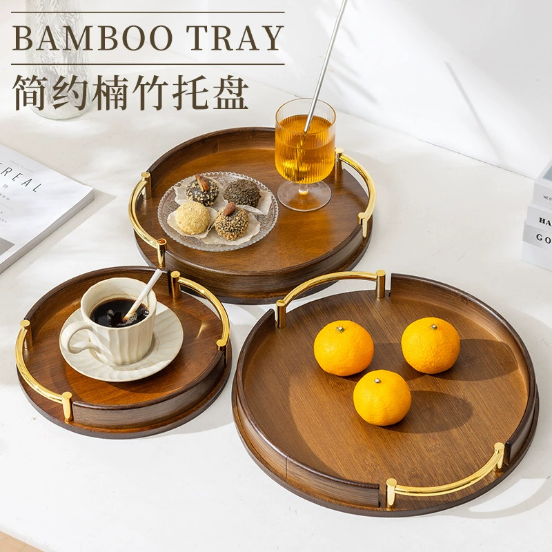 Bamboo serving tray, round with handles, wood‑tone finish, 25/30/35 cm