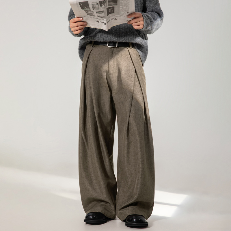 Cross Pleated Design Drapey Casual Men's Trousers Autumn Style Textured Loose Straight Pants Trendy Retro Long Trousers