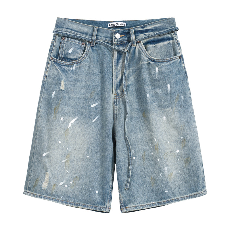 クロスボーダーのトレンディなAC手描きのスプラッシュインクのほつれ加工のウォッシュ加工のダメージ加工のパンツ、男性と女性用、ゆったりと多用途、軽くて豪華なワイドレッグジーンズ