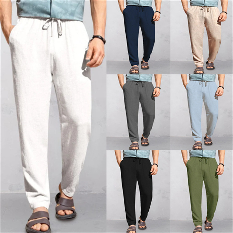 Men's Linen Breathable Outdoor Pants Loose Drawstring Pants Comfortable Casual Pants Jogging Pants