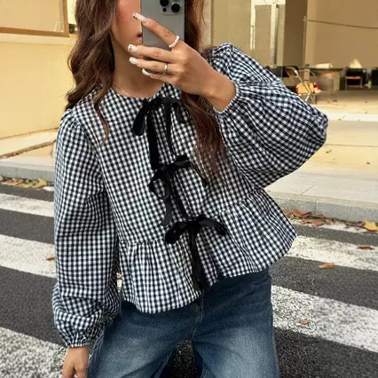 2025夏新款欧美跨境女装格子长袖宽松休闲上衣 优雅蝴蝶结t恤女