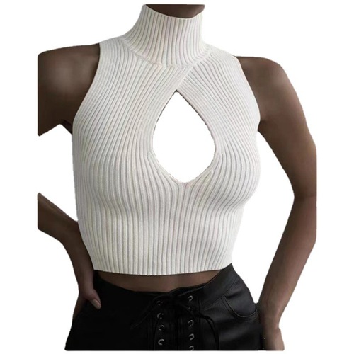 European, American and Southeast Asian sexy hollow design short vest high collar navel exposed hot girl niche pure desire sweater halter neck