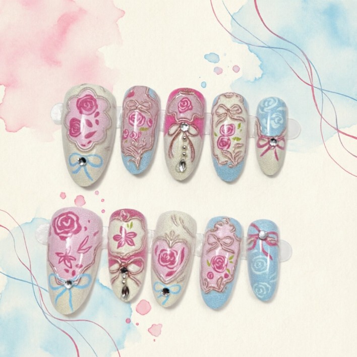 Retro Rococo Art Palace Style Exquisite Diamond-Studded Sweet and Cute Wearable Nails with a High-End Feel, Niche Nail Art Stickers