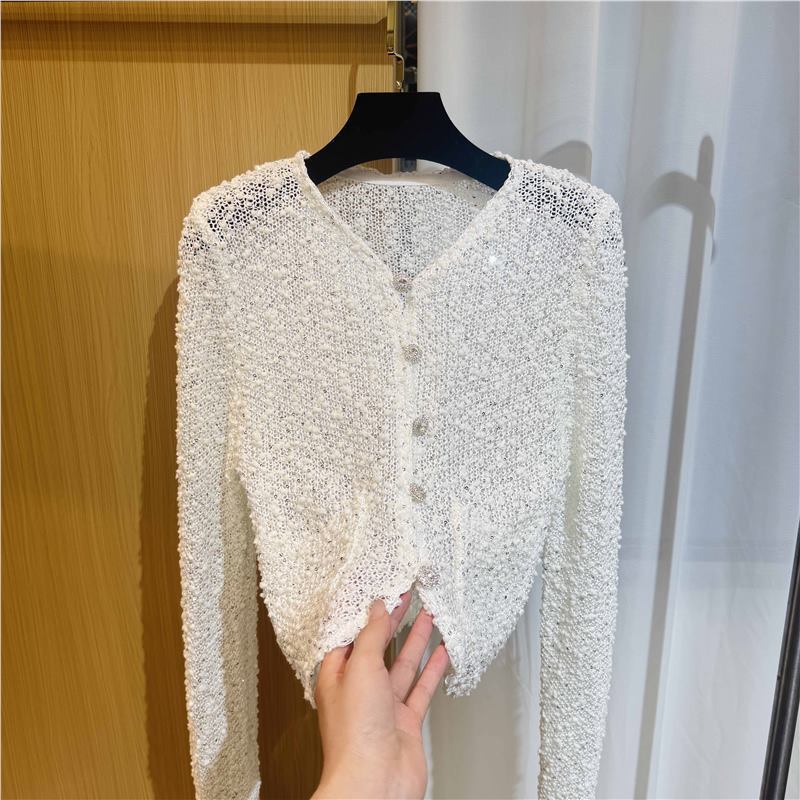 "ZhuZhu Products" 2025 New Elegant White Sequin Hollow-Out Knit Designer Cardigan "ZhuZhu Products" 2025 New Elegant White Sequin Hollow-Out Knit Designer Cardigan