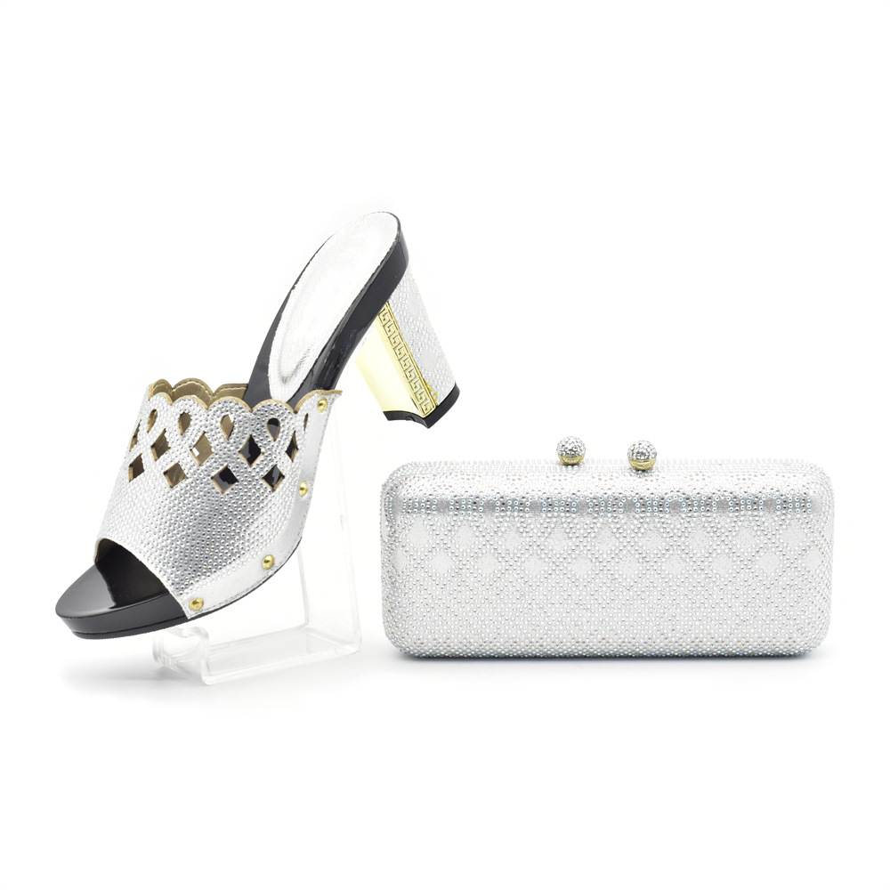 Banquet party round head hot diamond high heel sandals with the same clutch bag party shoe bag set_voghion.com