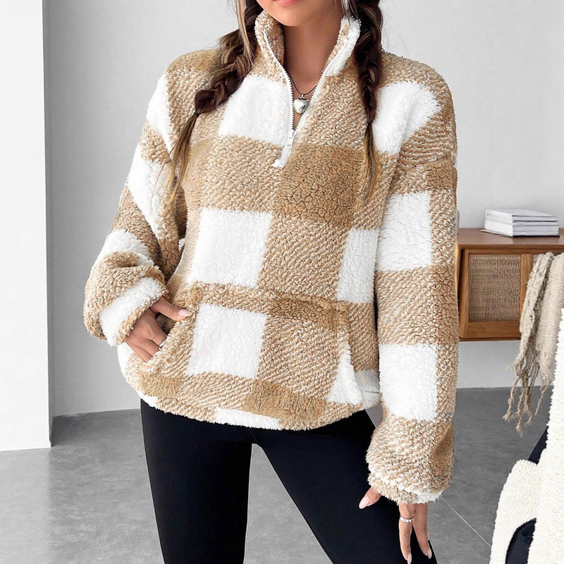 In-Stock Amazon Wish Cross-Border Supply 2025 Autumn and Winter Fashion Short Plaid Half-Open Collar Plush Women's Sweatshirt