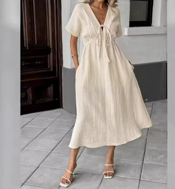 Elegant V-Neck Flowy Midi Dress - Soft Cotton Summer Dress For Women, Comfortable Loose Fit Casual & Office Wear (Available In 8 Colors)_ecoleips.com