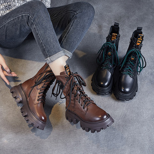 Autumn and Winter Boots Women's British Style Retro Martin Boots with Cowhide Thick Bottom High-top Women's Boots Round Toe Casual Short Boots for Women