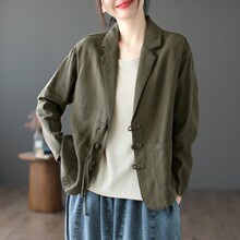 复古盘扣亚麻西装外套女宽松休闲薄款棉麻西服上衣春