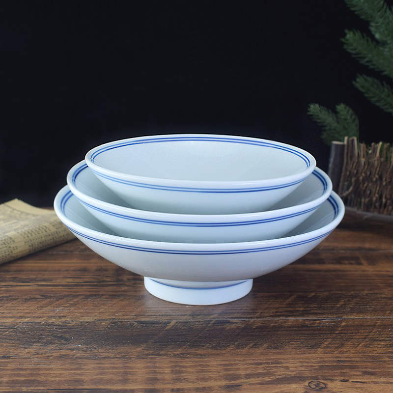 Ceramic New Chinese Style Simple Tableware Jingdezhen Blue Edge Bucket Hat Large Bowl Noodle Bowl Soup Bowl Vegetable Bowl Commercial Homestay Set