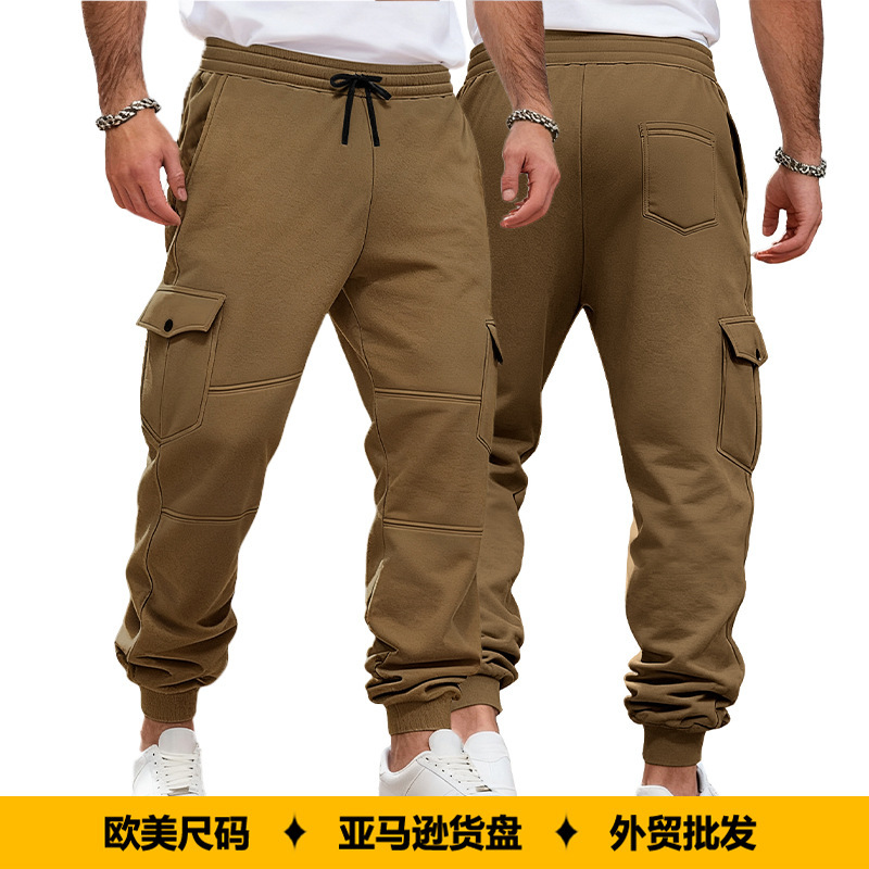 Cross-Border European and American Amazon Autumn and Winter Fleece Men's Work Pants with Multiple Pockets and Drawstring, Sports Casual Jogger Pants