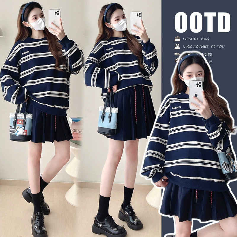 Подлинный 2024 осень-зима новый сладкий темперамент синий полосатый свитер