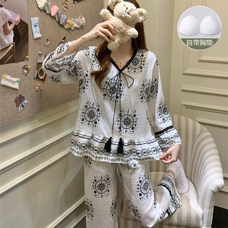 睡衣女春秋夏季云朵棉长袖长裤开衫可爱卡通少女可外穿家居服套装