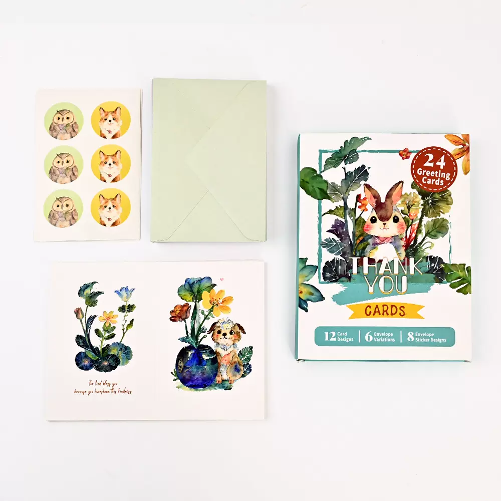 跨境新款4x6英寸盒装感谢卡 24张节日贺卡套装带信封贴纸