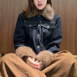 复古原色牛仔羊羔毛外套女秋冬季2025新款小个子短款毛毛棉服棉衣