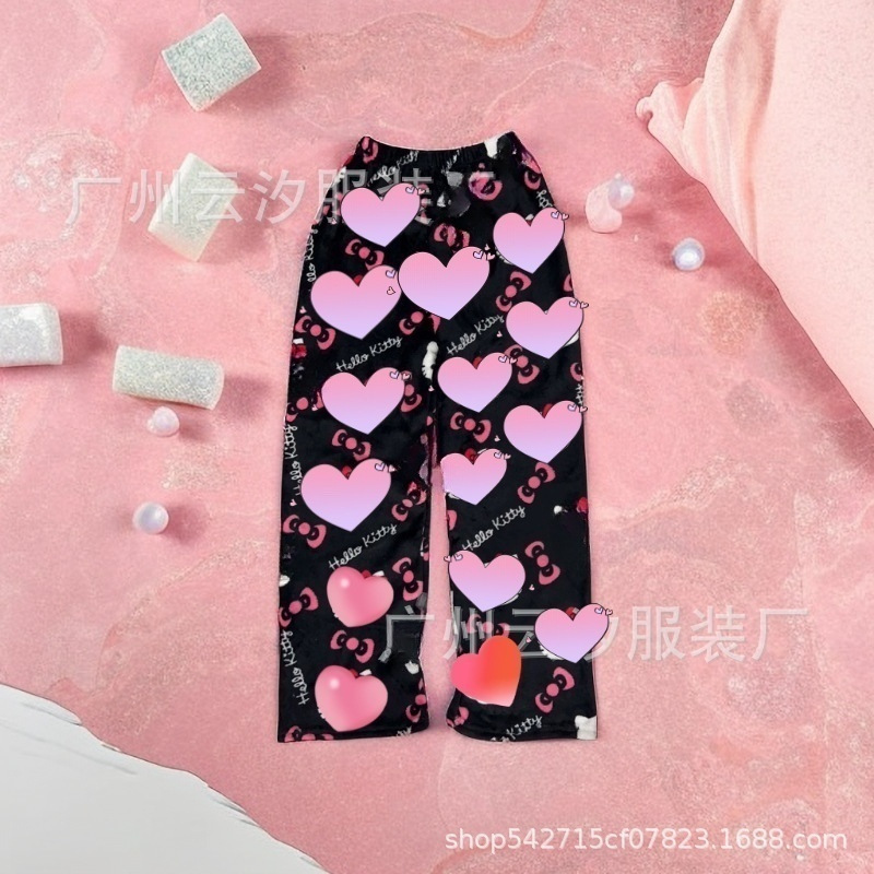 Comercio exterior Año Nuevo Navidad dibujos animados KT gato pijama pantalones gruesos de las mujeres Otoño e Invierno Polar forrado cálido casual casa pantalones de franela