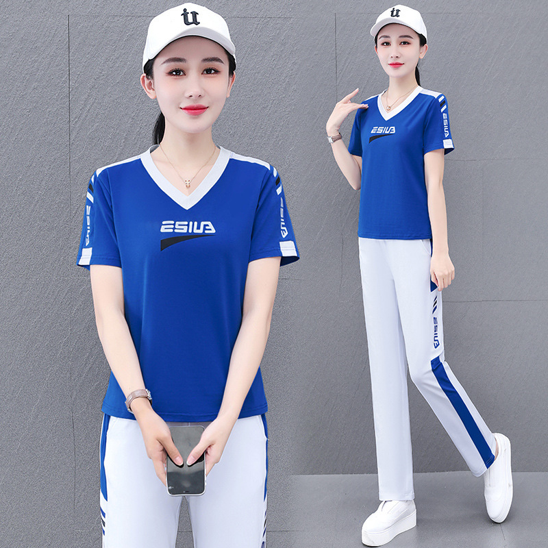 綿95 VネックTシャツカジュアルスポーツスーツレディース半袖夏新作スクエアダンス衣装ダンススタイル2点セット|undefined