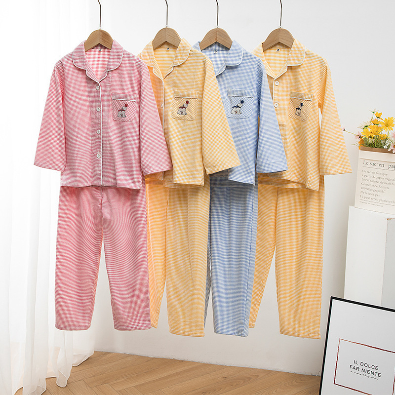 New Children's Cute Embroidered Pure Cotton Single-Thread Brushed Long-Sleeve Long Pants Home Wear Set Wholesale Dropshipping