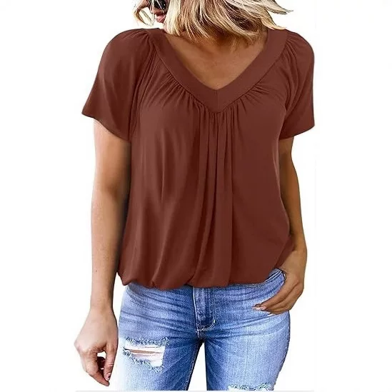 2025 Amazon European and American Cross-Border Hot-Selling New Style Personalized V-Neck Raglan Sleeve Ruched Casual Everyday Home T-Shirt
