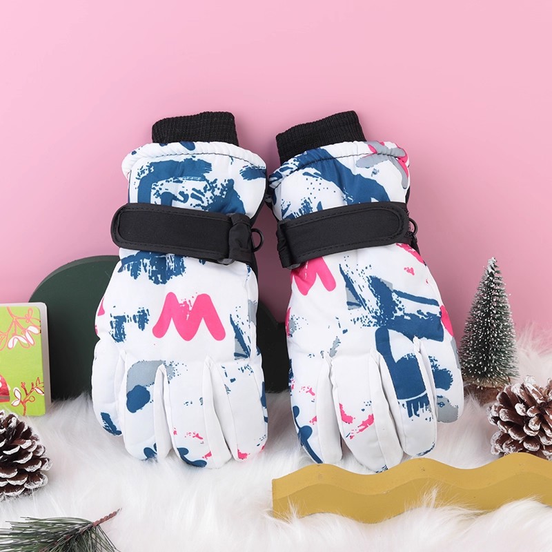 Invierno hombres y mujeres a prueba de frío forrado de lana engrosada de algodón impermeable antideslizante cálido ciclismo al aire libre blanco graffiti guantes de esquí