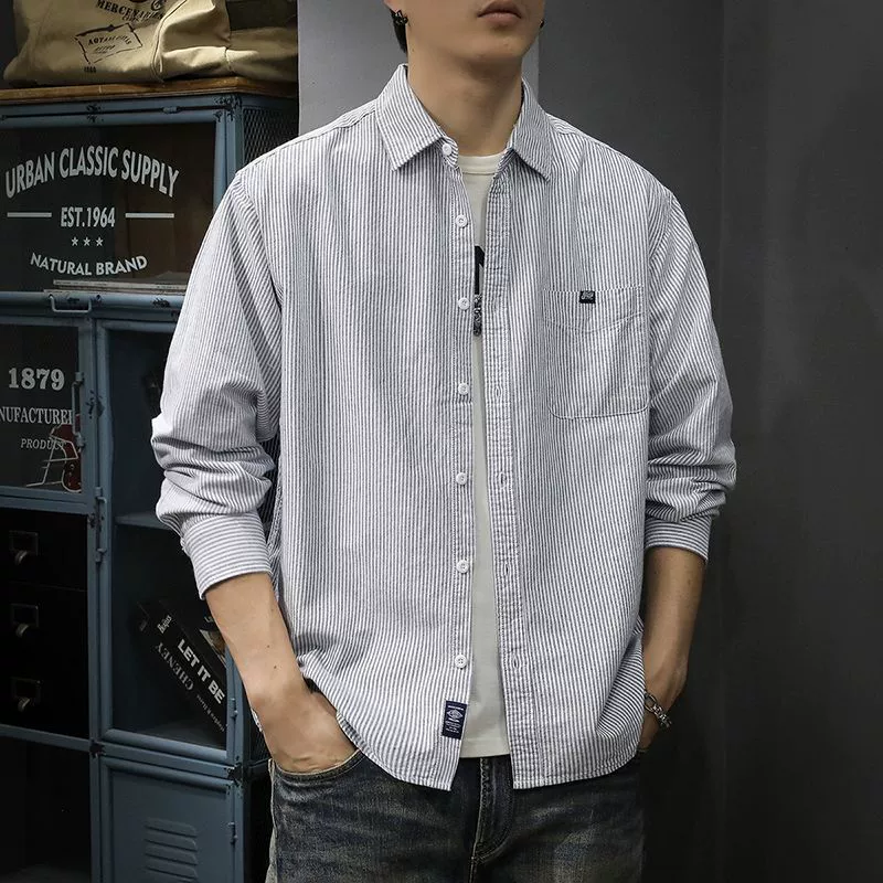 2025 весна и осень новая полосатая рубашка мужская свободная большого размера повседневная модная рубашка с длинным рукавом из чистого хлопка с отворотами