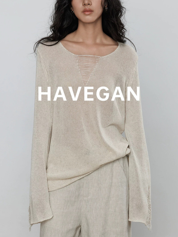 与间HAVEGAN/秋季v领天丝亚麻长袖设计感针织衫女宽松老钱风衣|undefined