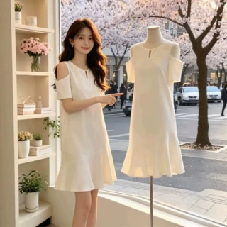 高级感洋派时尚露肩短袖洋装女2026夏季法式赫本风大尺码显瘦裙子