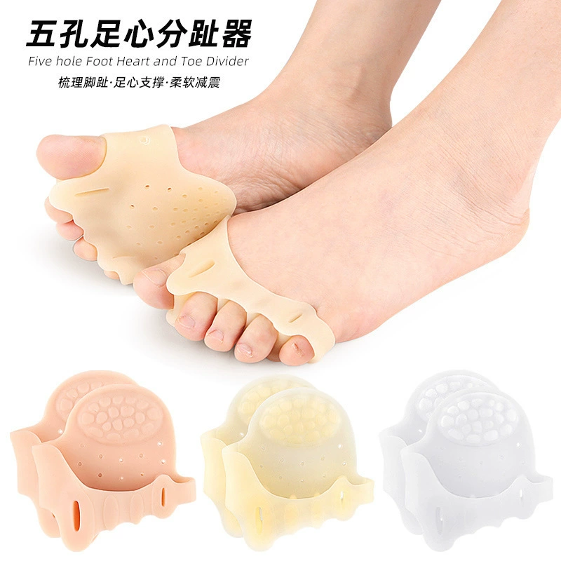 Разделитель пальцев с пятью отверстиями, арка с пятью пальцами, мягкий амортизирующий, снимающий давление массаж, подушечка половинного размера для передней части стопы, ортез при вальгусной деформации большого пальца стопы.