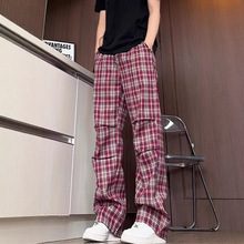 美式复古红格子直筒休闲长裤子男超春秋季宽松褶皱工装裤潮牌登山