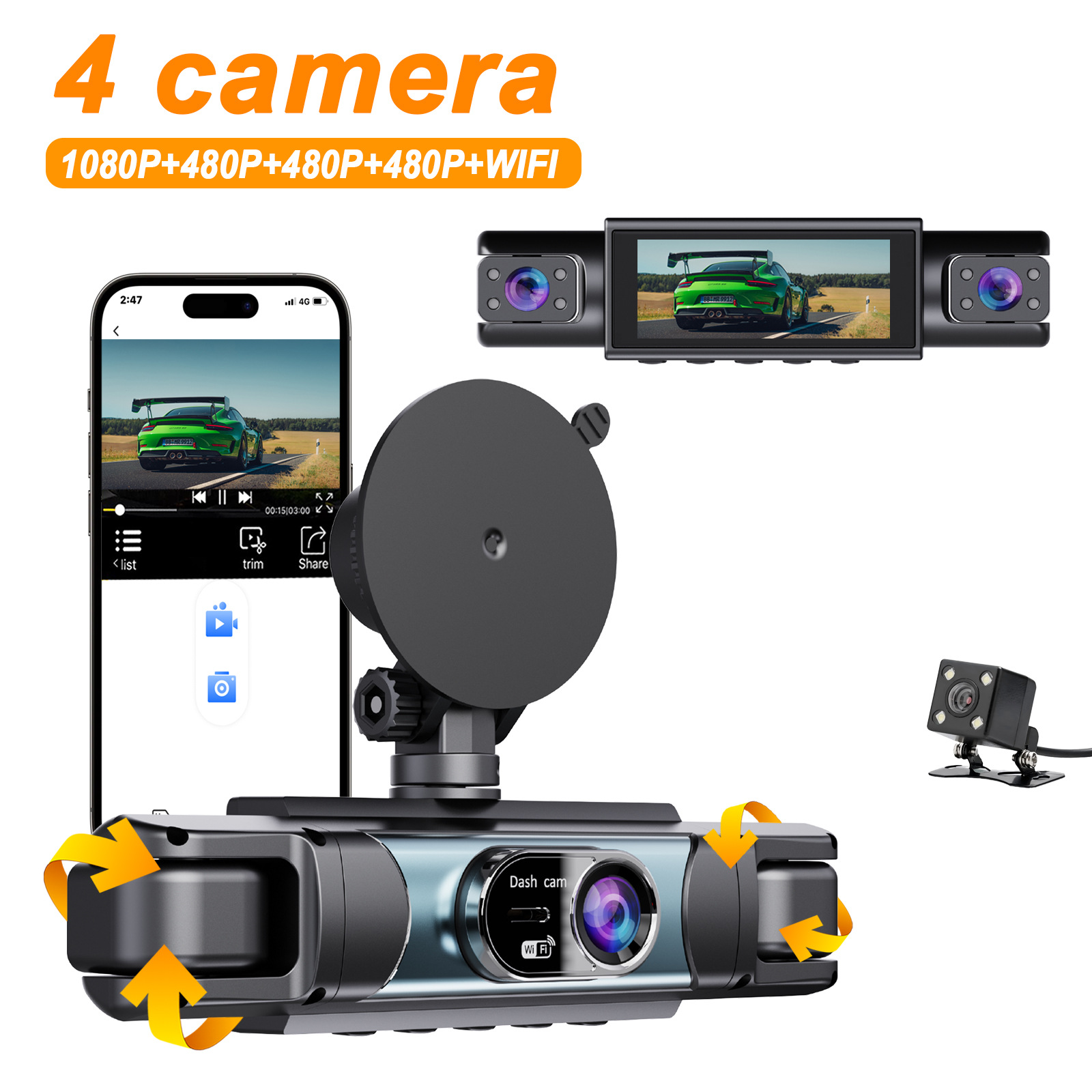 Chezai 3-inch Quad Lens Backup Camera Car Rear View HD 1080P Car WIFI Camera Loop (Driving recorder)