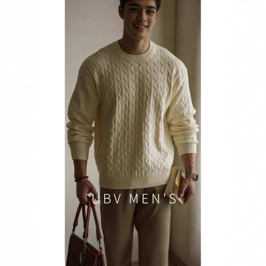 2025 New Autumn and Winter Men's Export Lazy Style Korean Retro Twist Pure Color Round Neck Casual Knitwear Knitwear