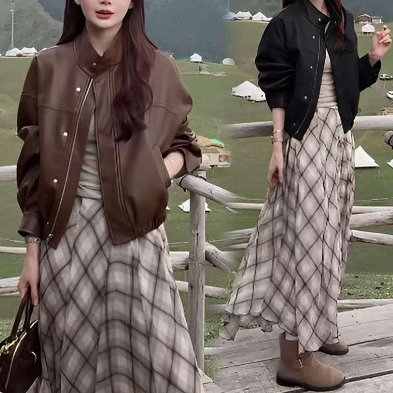 复古时尚百搭套装2025春秋新款女装皮衣外套+半身裙气质两件套潮|undefined