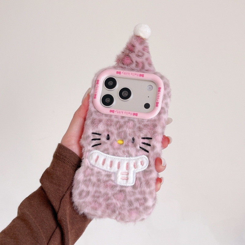 Suitable for Apple 17Air Mobile Phone Case 16Promax Autumn and Winter Leopard Print Plush Kt Cat Hat Iphone15/14