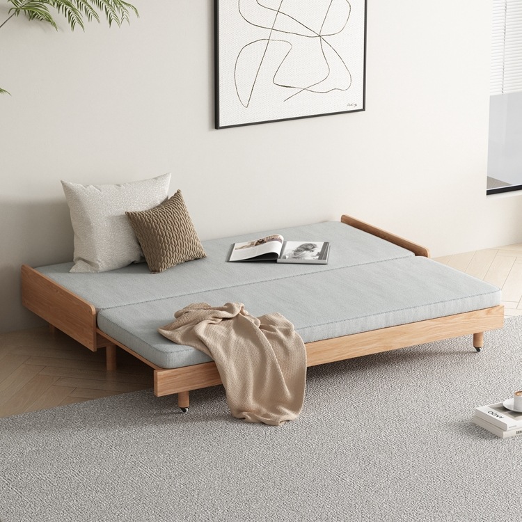 All Solid Wood Sofa Bed Small Apartment Living Room Multifunctional Sliding Bed Foldableing Dual-Use Tatami Scandinavian Solid Wood Bed R&